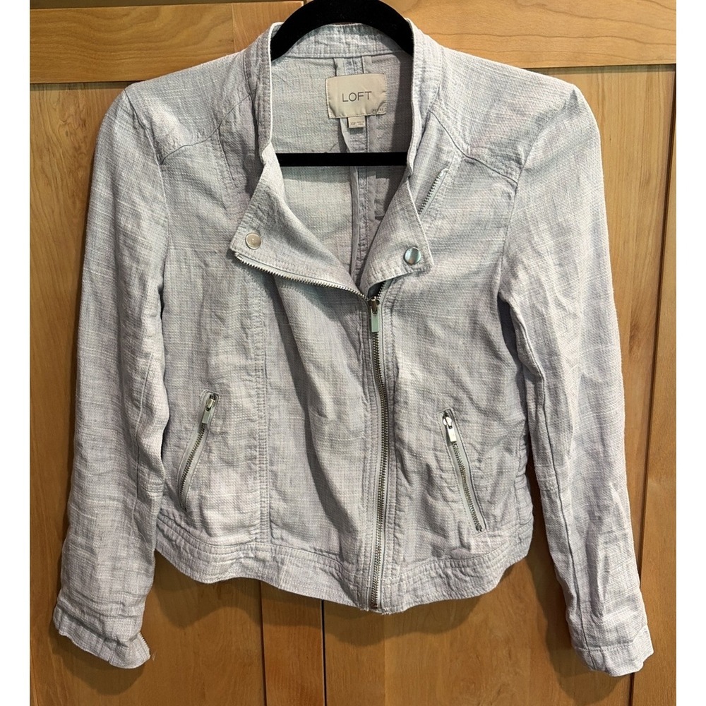 LOFT Linen Blend Moto Jacket Blue Zip Front Lightweight Casual Women's XS
